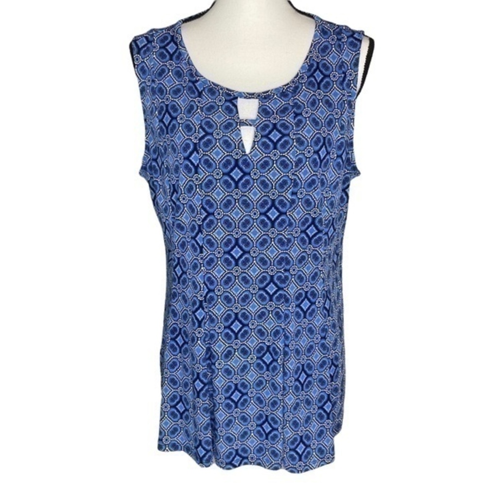 Roz & Ali Top Blue Geometric Print Sleeveless Keyhole Neck‎ Blouse Top Size XL